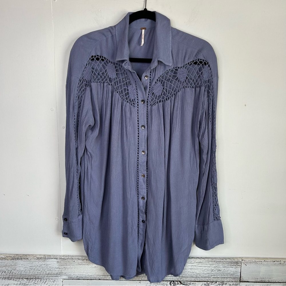 FREE PEOPLE Blue Katie Bird Crochet Boho Gauzy Shirt Top Blouse